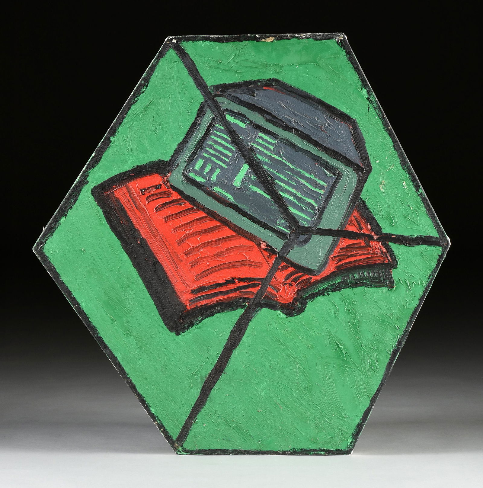 DEREK BOSHIER (British b. 1937) A PAINTING, "Ages,": DEREK BOSHIER (British b. 1937) A PAINTING, "Ages," 1988, oil on hexagonal-shaped canvas, verso signed, titled, and dated in paint, a partial gallery label. 36 1/2" x 36 1/8" Provenance: Exhibited in