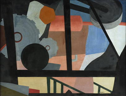 RICHARD HAROLD REDVERS TAYLOR (British 1900-1975) A: RICHARD HAROLD REDVERS TAYLOR (British 1900-1975) A PAINTING, "Modern Age," 1940, oil on canvas, signed in monogram L/R, "R.H.R.T." 42 1/2" x 53 1/2" Note: The custom frame with toothed gear "rosette"