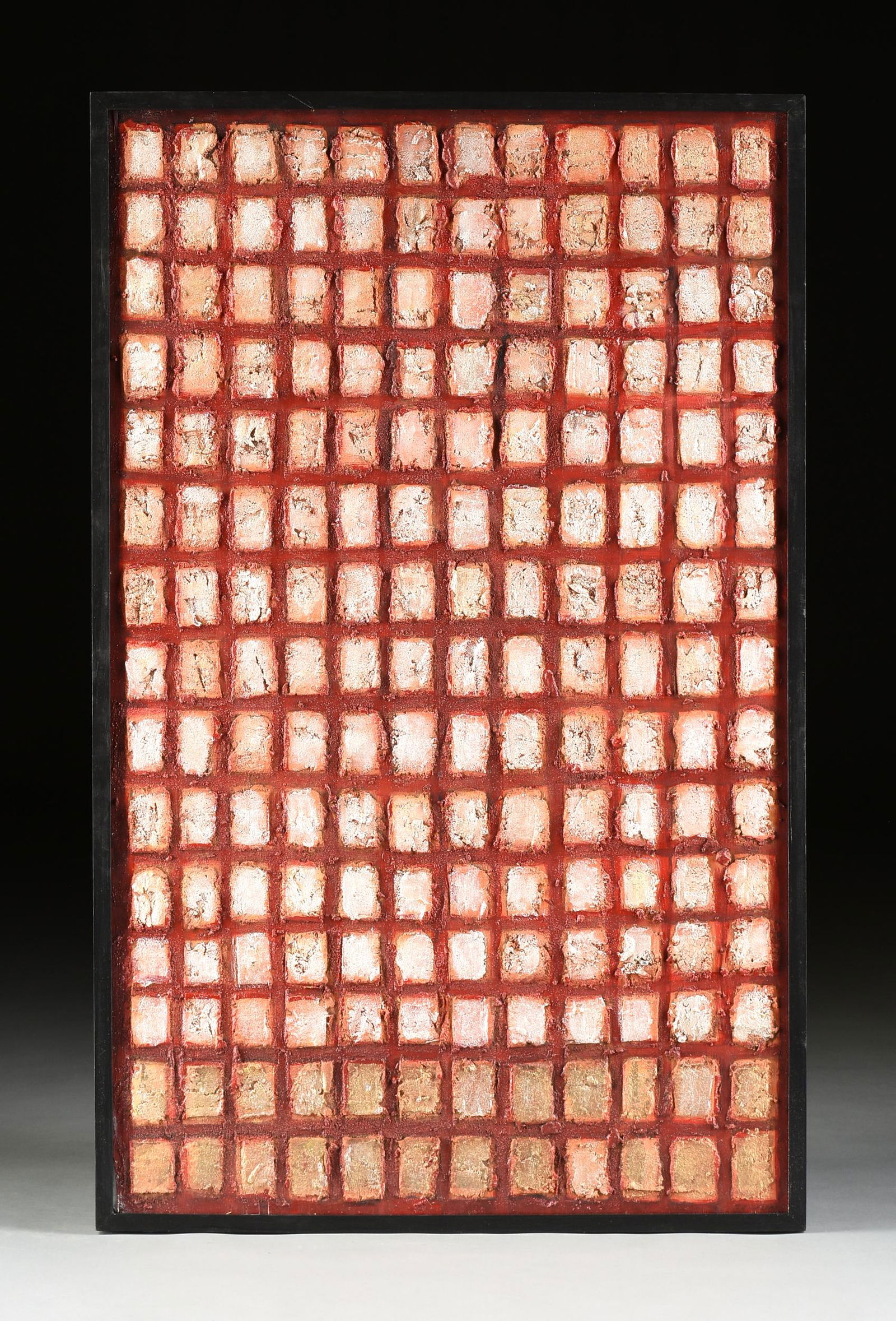DAVID ADICKES (American/Texas b. 1927) A PAINTING, "100: DAVID ADICKES (American/Texas b. 1927) A PAINTING, "100 Squares Against Orange," 1969, oil and sand on wood, signed L/L, verso the artist's studio paper label with title, date and medium. 47" x 29"