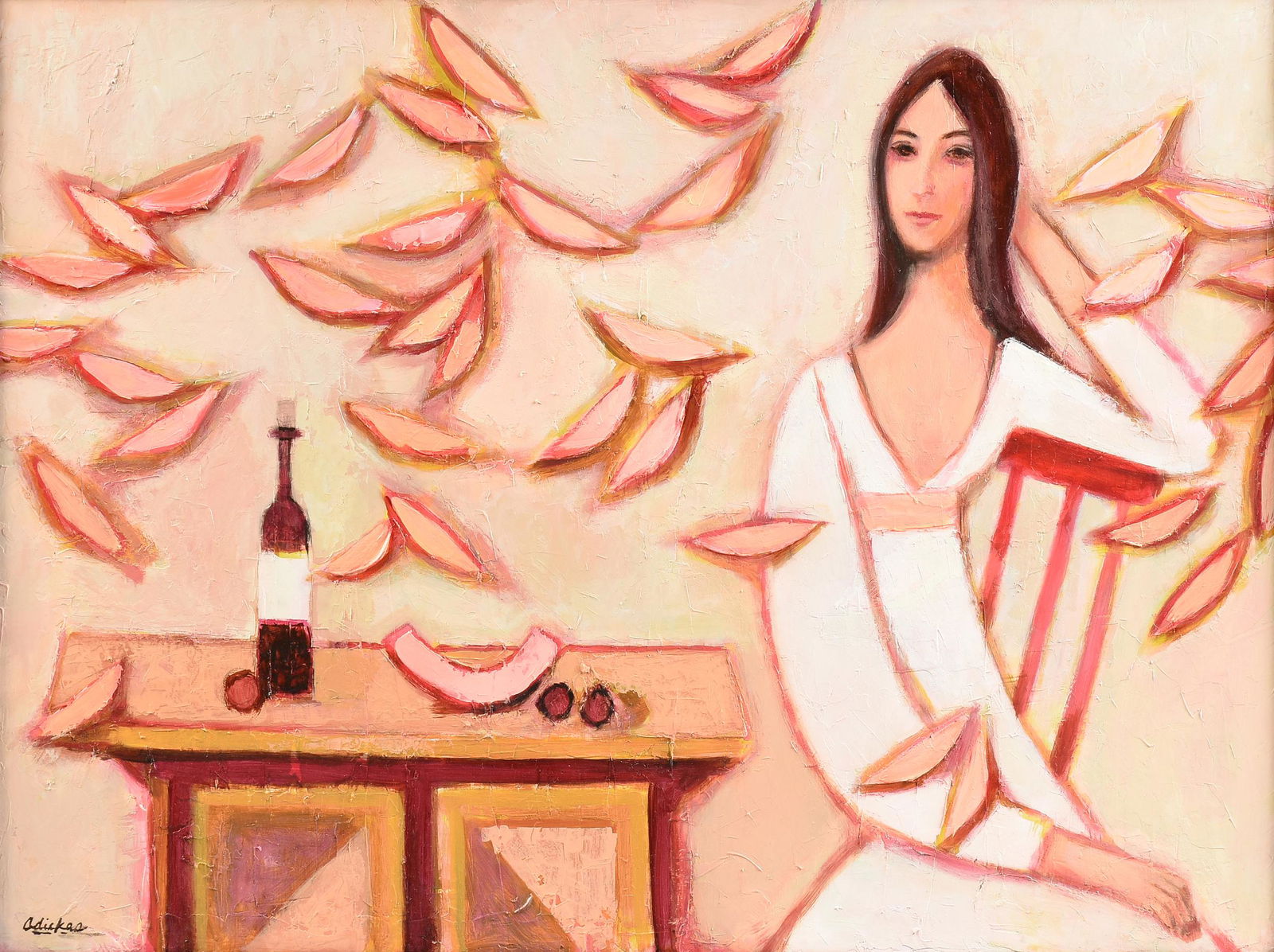 DAVID ADICKES (American/Texas b. 1927) A PAINTING,: DAVID ADICKES (American/Texas b. 1927) A PAINTING, "Seated Lady with Falling Pink Leaves," 2011, acrylic on board, signed L/L, "Adickes," verso paper label with title. 30" x 40"