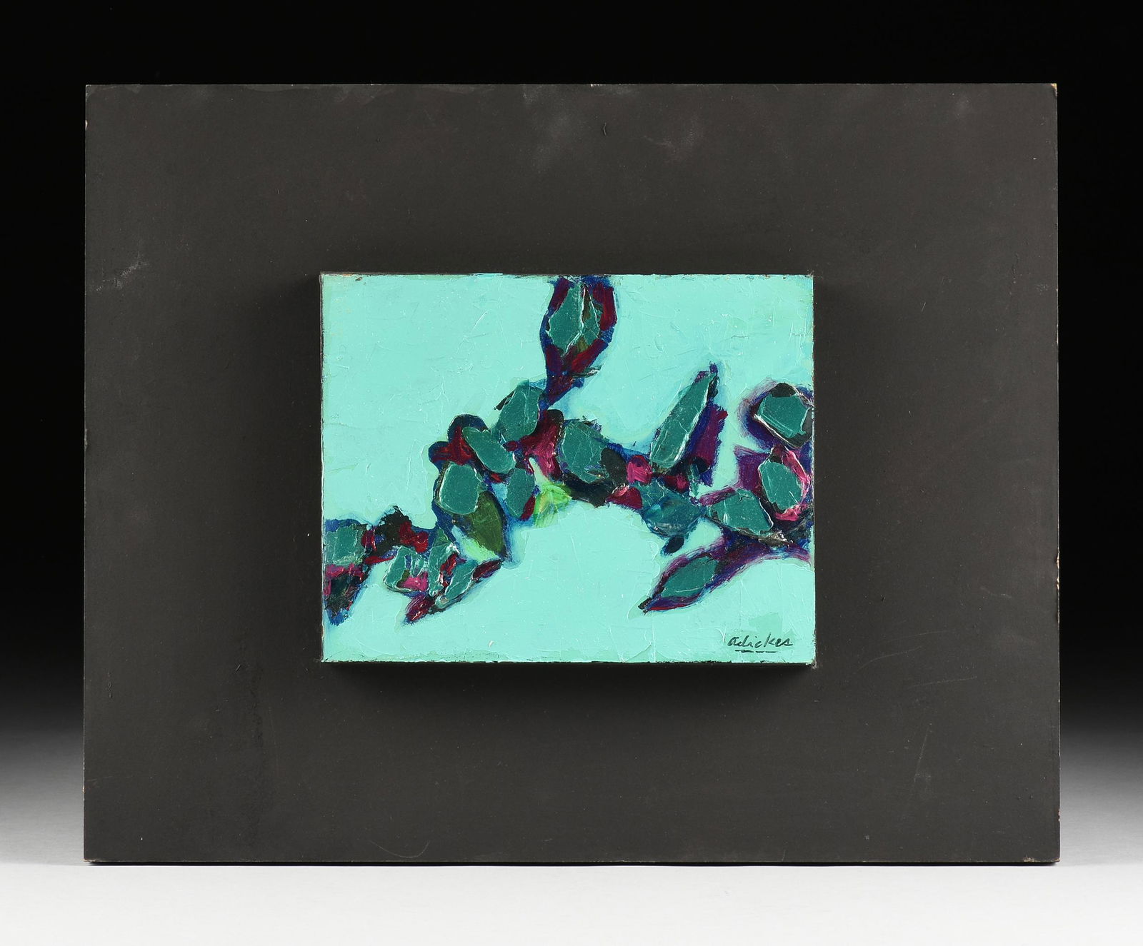 DAVID ADICKES (American/Texas b. 1927) A PAINTING,: DAVID ADICKES (American/Texas b. 1927) A PAINTING, "Leaves Against Turquoise," 1994, acrylic on board, signed L/R, verso the artist's label with title, date, and medium, no. 52. 8" x 10"