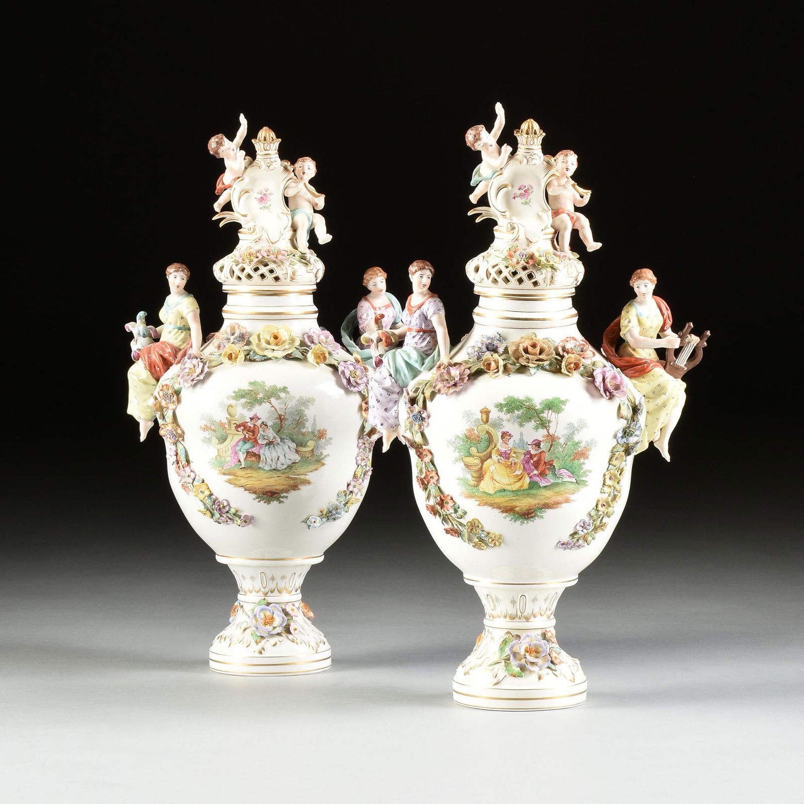 PAIR OF LARGE DRESDEN FLORAL ENCRUSTED AND PAINTED (1 of 15)