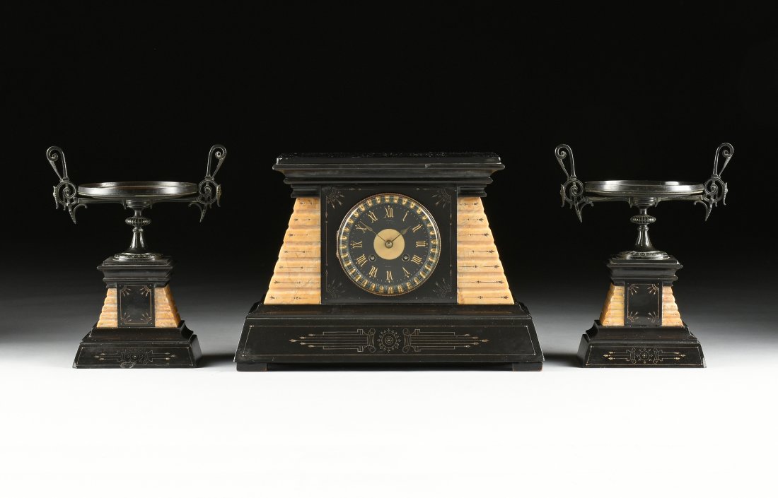 A THREE PIECE FRENCH EGYPTIAN REVIVAL MANTLE CLOCK GARN (1 of 14)