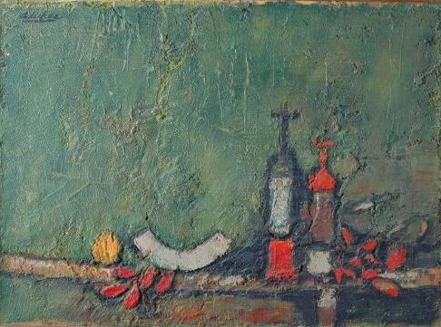 DAVID ADICKES (American b. 1927) A PAINTING, "Sti: DAVID ADICKES (American b. 1927) A PAINTING, "Still Life with Bottles & Fruit," oil on board, signed U/L. 21 1/4" x 29 1/8". Framed.