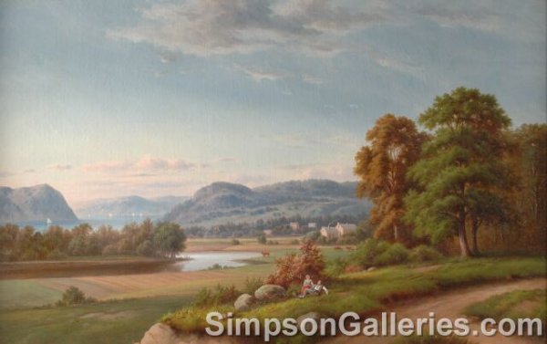 HUDSON RIVER SCHOOL A PAINTING, "The Picnic," oi: HUDSON RIVER SCHOOL A PAINTING, "The Picnic," oil on canvas. 28" x 44". Framed.