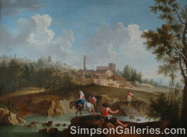 CONTINENTAL SCHOOL (19th Century) A PAINTING, "Pas: CONTINENTAL SCHOOL (19th Century) A PAINTING, "Pastoral Village by a Stream," oil on canvas. 36" x 48". Framed.