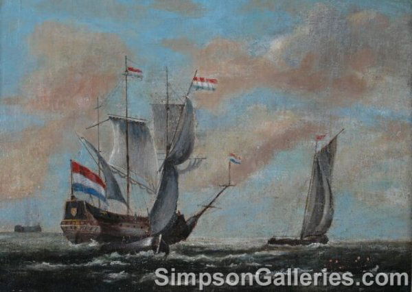 FOLLOWER OF ADRIAEN VAN DE VELDE (Dutch 17th centu: FOLLOWER OF ADRIAEN VAN DE VELDE (Dutch 17th century) A PAINTING, "Ship Scene," oil on board. 15" x 21". Framed.