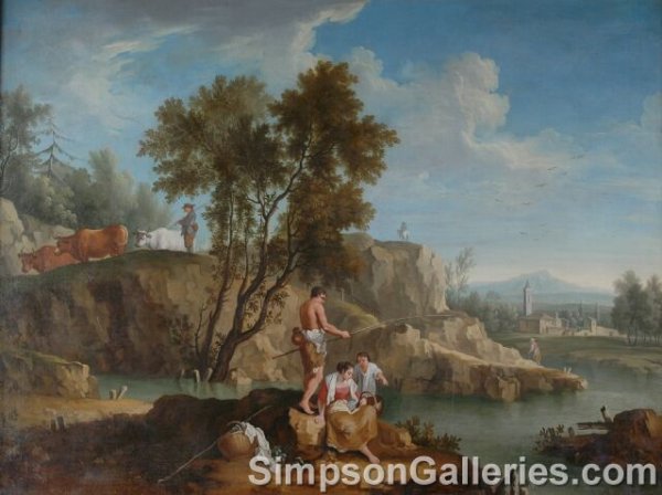 CONTINENTAL SCHOOL (19th Century) A PAINTING, "Fi: CONTINENTAL SCHOOL (19th Century) A PAINTING, "Fishing on a Stream Outside of a Village," oil on canvas. 36" x 48". Framed.