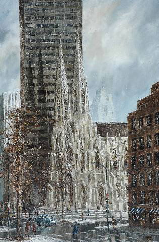 ROBERT LEBRON (American b. 1928) A PAINTING, "St.: ROBERT LEBRON (American b. 1928) A PAINTING, "St. Patrick Cathedral, New York," oil on canvas, signed. 24" x 36". Framed.