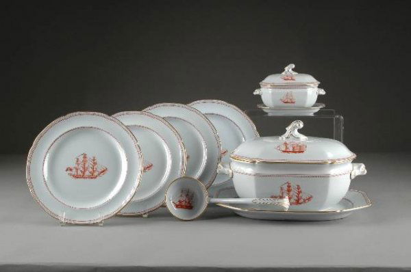 A GROUP OF SIX COPELAND SPODE STONEWARE DINNERWARE: A GROUP OF SIX COPELAND SPODE STONEWARE DINNERWARES IN THE TRADE WINDS PATTERN, 20th century, comprising four plates of the Ship Grand Turk, diameter: 10 1/4"; a tureen, ladle and stand decorated with