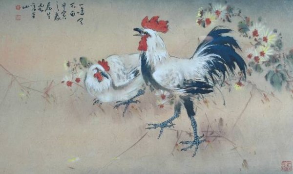 LUI-SANG WONG (Chinese 20th Century) A PAINTING, ": LUI-SANG WONG (Chinese 20th Century) A PAINTING, "Rooster and Hen," water color on paper, signed. 24" x 39".