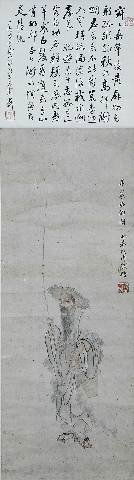 AN ANTIQUE CHINESE WATER COLOR SCROLL BY LI SHU RE: AN ANTIQUE CHINESE WATER COLOR SCROLL BY LI SHU REN, ATTRIBUTED TO GAI QI, 19th century, painted with a shepherd in a landscape. Height: 41 1/2", width: 11".