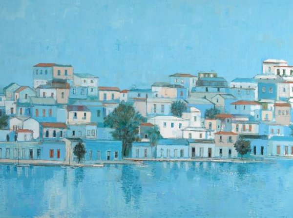 HERB MEARS (American 1923-1999) A PAINTING, "Aege: HERB MEARS (American 1923-1999) A PAINTING, "Aegean Port," oil on canvas, signed L/R. Provenance: DuBose Gallery, Houston, Texas. 36" x 48". Framed.