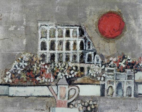 DAVID ADICKES (American b. 1927) A PAINTING, "Vie: DAVID ADICKES (American b. 1927) A PAINTING, "View from the Café," signed L/L. 16" x 20". Framed. Provenance: James Bute Gallery, Houston, Texas, under the direction of Ben DuBose.