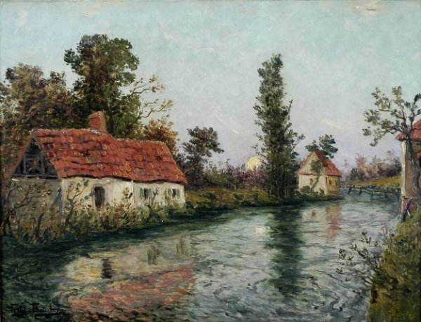 FRITZ THAULOW (Norwegian 1847-1906) A PAINTING, ": FRITZ THAULOW (Norwegian 1847-1906) A PAINTING, "Cottages by a River," oil on canvas, signed. 21" x 27". Framed.