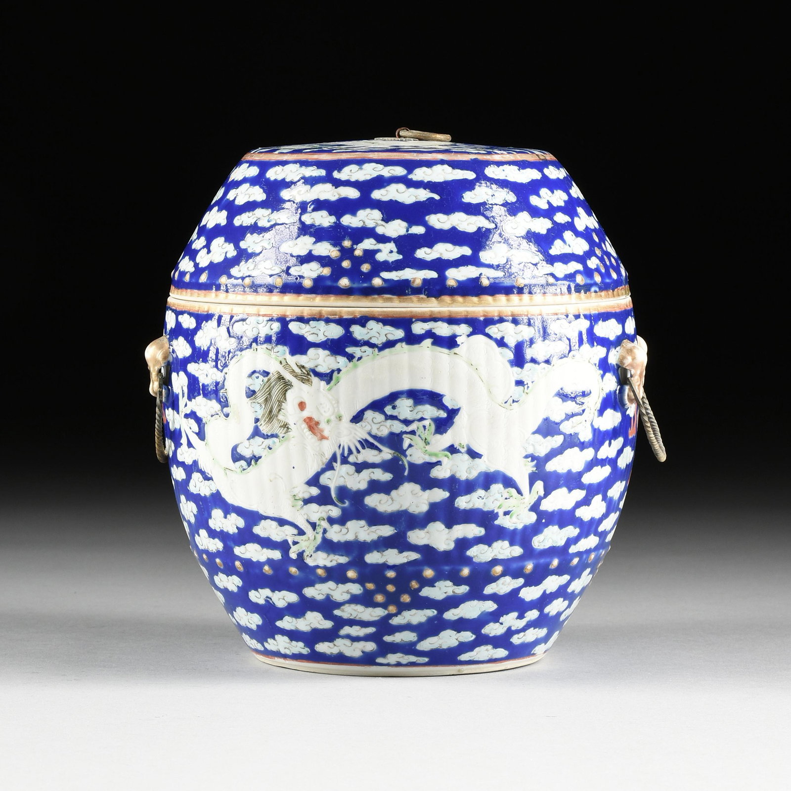 A CHINESE FAMILLE VERTE BLUE GROUND ENAMELED PORCELAIN (1 of 8)
