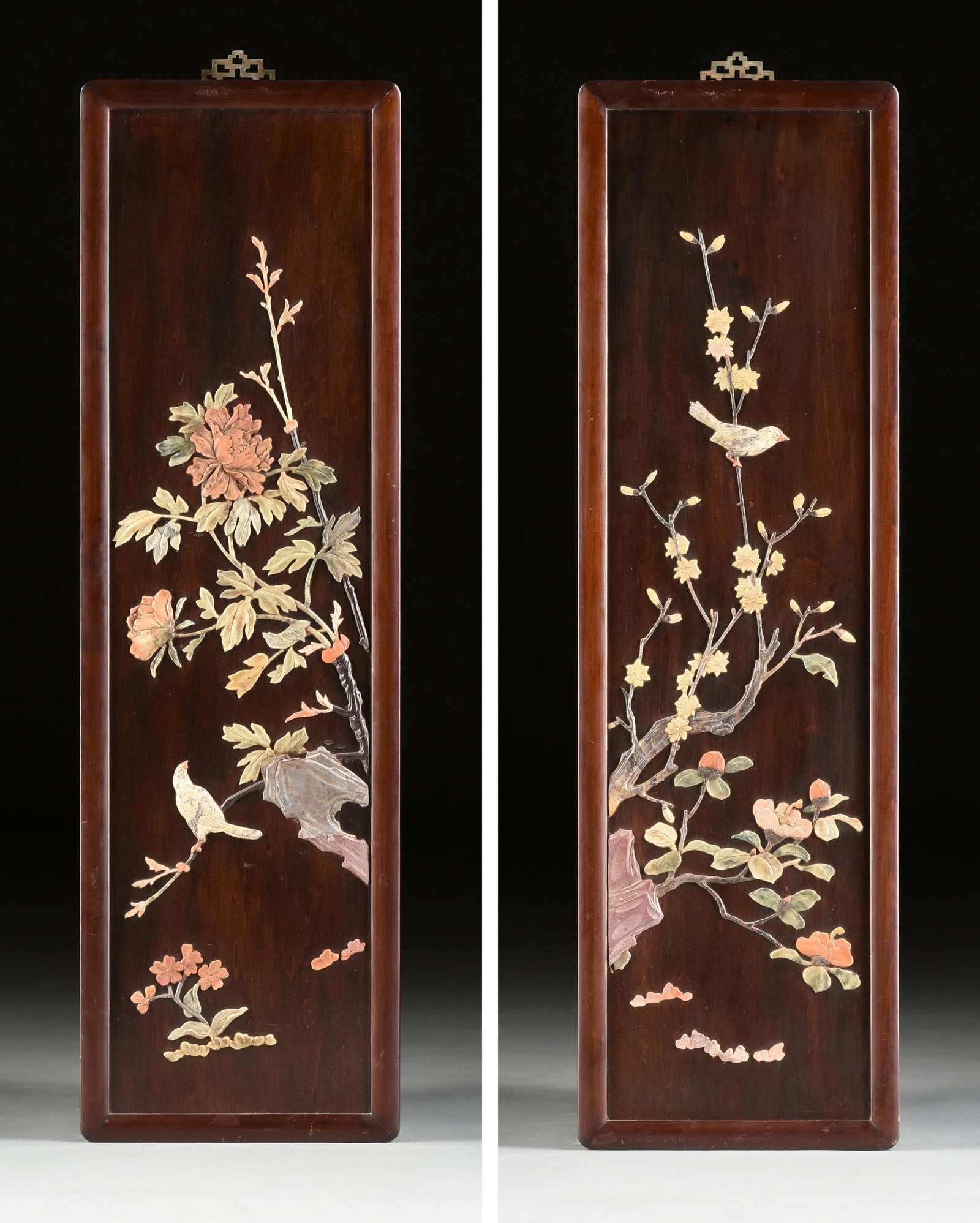 A PAIR OF VINTAGE CHINESE HARDSTONE INLAID WOOD PANELS,: A PAIR OF VINTAGE CHINESE HARDSTONE INLAID WOOD PANELS, BIRDS IN LANDSCAPE, PROBABLY LATE CHINESE REPUBLIC (1912-1949), stone inlaid wood, 41" x 12".