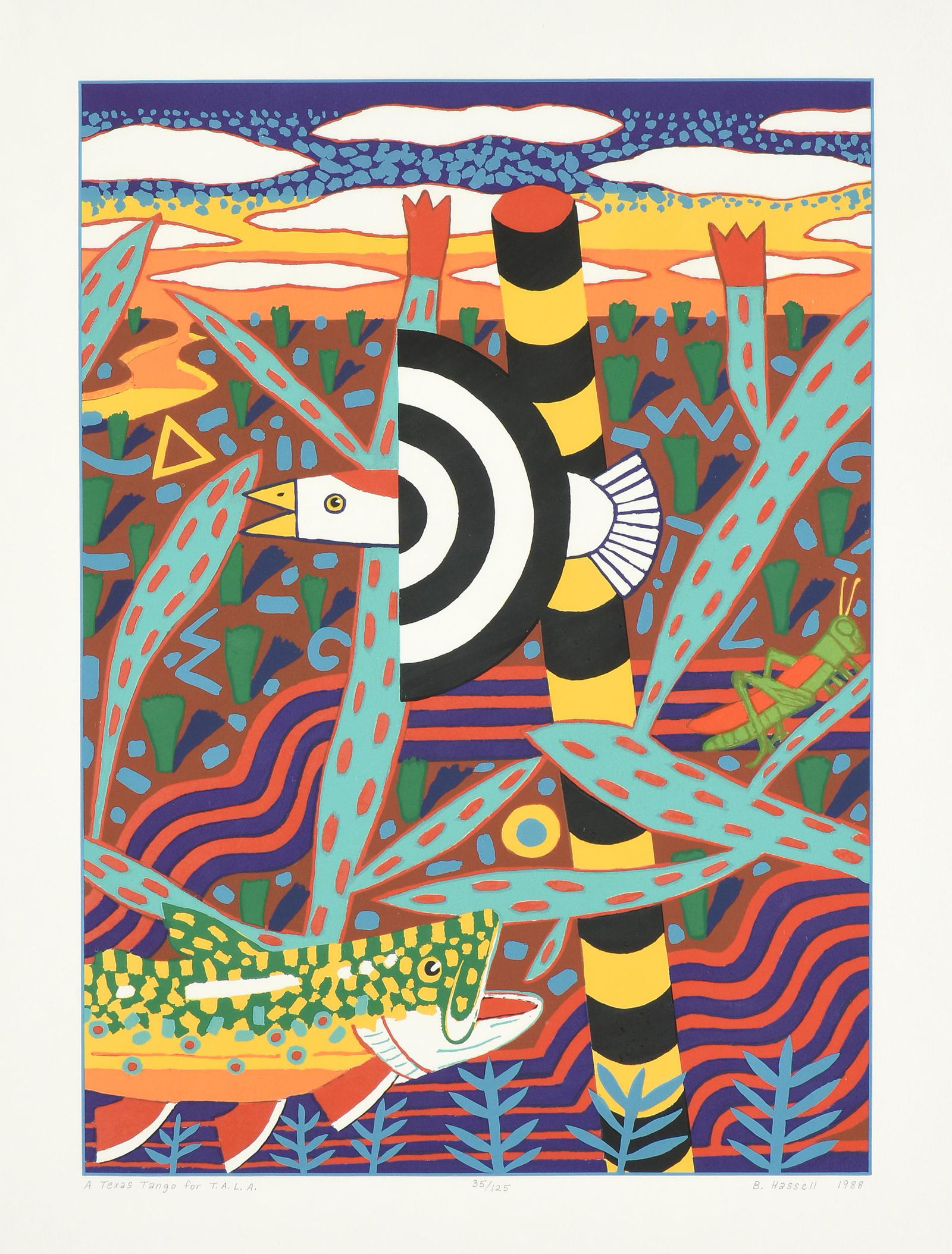 BILLY HASSELL (American/Texas b. 1956) A PRINT, "A: BILLY HASSELL (American/Texas b. 1956) A PRINT, "A Texas Tango for T.A.L.A.," 1988, lithograph in colors on paper, signed and dated in margin in pencil L/R, "B. Hassell 1988," titled L/L in margin in