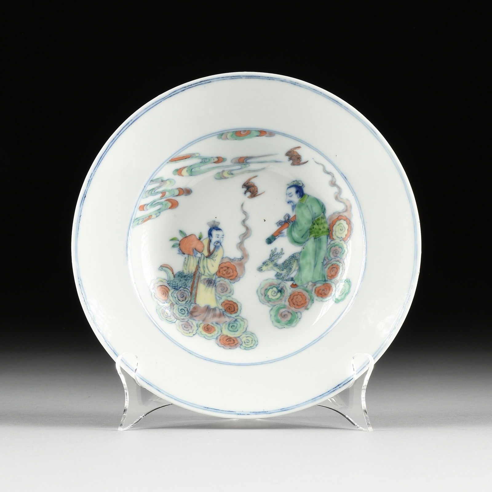 A CHINESE DOUCAI ENAMELED "IMMORTALS" PORCELAIN DISH, (1 of 6)
