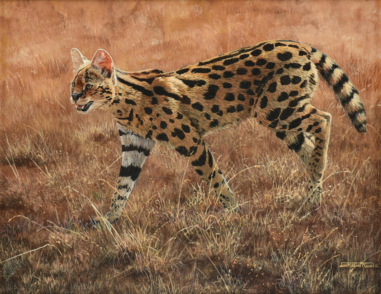 JAN MARTIN MCGUIRE (American b. 1955) A PAINTING,: JAN MARTIN MCGUIRE (American b. 1955) A PAINTING, "Serval Moment," acrylic on masonite, signed L/R, "Jan Martin McGuire." 11" x 14" Note: Accompanied by a Certificate of Original Authenticity, no. 290