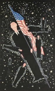 DEREK BOSHIER (British b. 1937) A PRINT, "The Guardian,: DEREK BOSHIER (British b. 1937) A PRINT, "The Guardian," 1987, linocut on paper, signed and dated L/R, "Derek Boshier, 1987," and special edition number 1/15 L/L, printed by Peregrine Press, Dallas, T