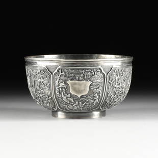 A CHINESE EXPORT SILVER PRESENTATION BOWL, STAMPED,: A CHINESE EXPORT SILVER PRESENTATION BOWL, STAMPED, RETAILED BY SING FAT, CANTON, 20TH CENTURY, the double-walled tapering circular body and sides of engraved and chased repoussé as well as applied d