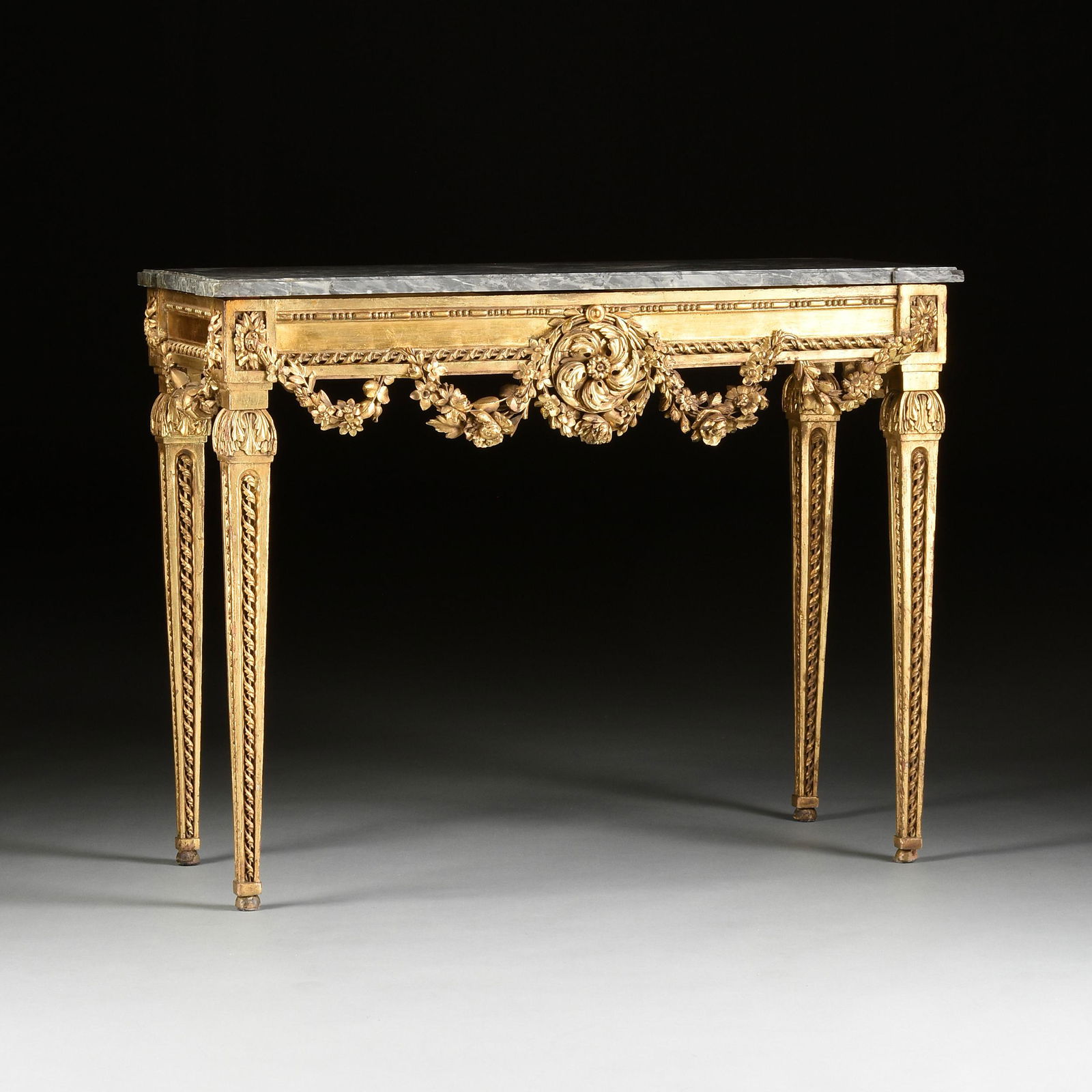 A LOUIS XVI STYLE MARBLE TOPPED GILTWOOD CONSOLE TABLE, (1 of 8)