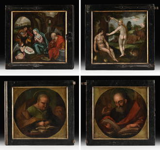 after ABRAHAM BLOEMAERT (Dutch 1566-1651) AND JAN: after ABRAHAM BLOEMAERT (Dutch 1566-1651) AND JAN SAENREDAM (Dutch 1565-1607) A PAIR OF DUTCH NORTHERN MANNERIST STYLE PAINTINGS ON DOORS, 17TH/18TH CENTURY, oil on wood panel with engraved wrought ir