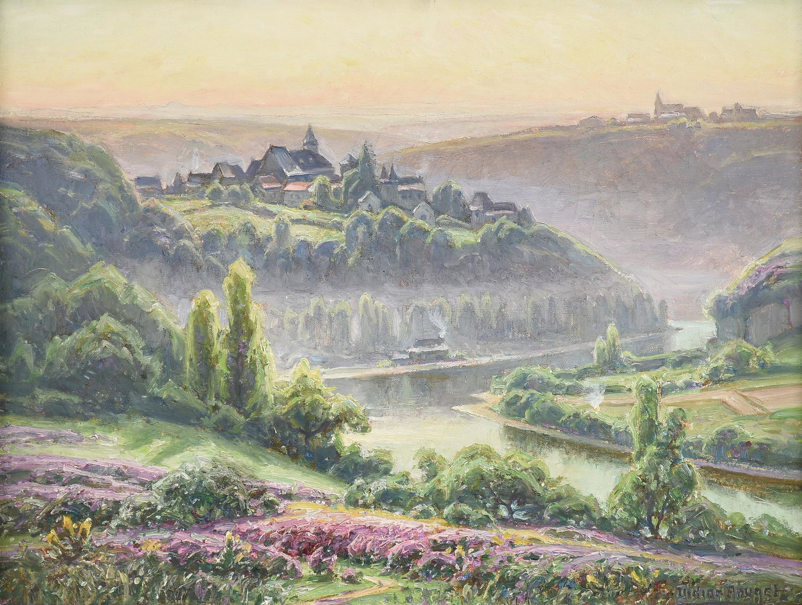 WILLIAM DIDIER-POUGET (French 1864-1959) A PAINTING,: WILLIAM DIDIER-POUGET (French 1864-1959) A PAINTING, "Brume du Matin dans la Vallée de la Creuse: Bruyères en Fleurs," oil on canvas, signed L/R, "Didier Pouget," titled on the reverse and signed in