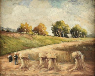 THEODORE CLEMENT STEELE (American 1847-1926) A PAINTING: THEODORE CLEMENT STEELE (American 1847-1926) A PAINTING, "Figures by the Haystacks," oil on board, signed L/L, "T.C. Steele." 16" x 20" Provenance: Acquired from the Hanover Gallery, London, England