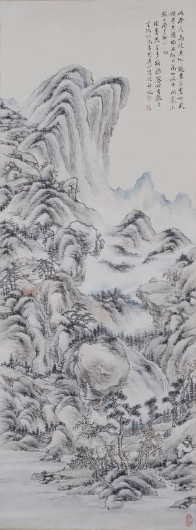 AN ANTIQUE CHINESE WATER COLOR SCROLL, BY LU HUI, 1: AN ANTIQUE CHINESE WATER COLOR SCROLL, BY LU HUI, 19TH CENTURY, painted in muted shades with landscapes,signed. Height: 42 3/4" Width: 15 7/8"