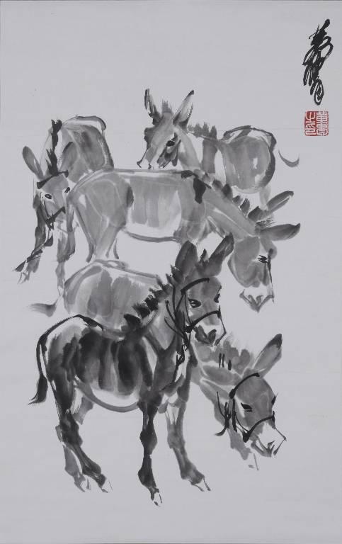 A CHINESE WATER COLOR SCROLL, ATTRIBUTED TO HUANG : A CHINESE WATER COLOR SCROLL, ATTRIBUTED TO HUANG ZHOU, painted with two standing donkeys in black, color. Height: 26 1/2" Width: 16 1/2"