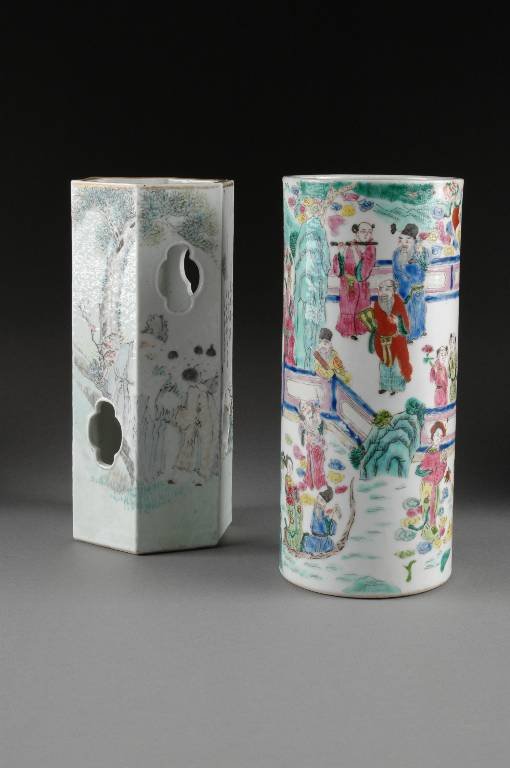 TWO ANTIQUE CHINESE FAMILLE ROSE PORCELAIN HAT STAN: TWO ANTIQUE CHINESE FAMILLE ROSE PORCELAIN HAT STANDS, LATE 19TH/EARLY 20TH CENTURY, one depicting figures at various pursuits set amidst a walled garden and enameled in bright colors, height: 11", th