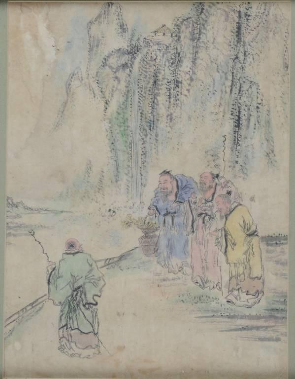 AN ANTIQUE KOREAN YI DYNASTY WATER COLOR PAINTING,: AN ANTIQUE KOREAN YI DYNASTY WATER COLOR PAINTING, CIRCA 1820, colorfully painted on mulberry paper with scholars sharing the pleasures of nature in a serene setting. 14" x 19" Framed.