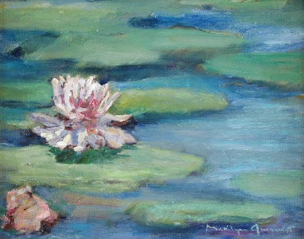 MARILYN GUERINOT (American b. 1947) A PAINTING, : MARILYN GUERINOT (American b. 1947) A PAINTING, "Lilly Pond," oil on canvas, signed. 7 3/4" x 9 1/2". Framed