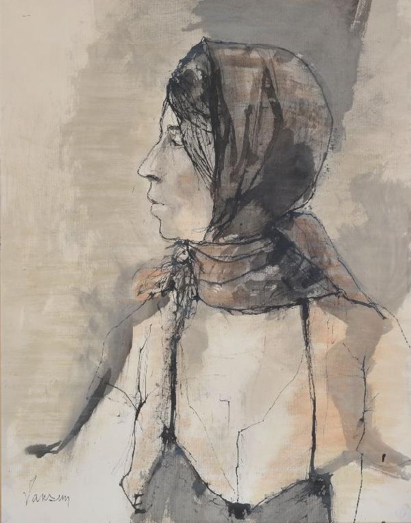 JEAN JANSEM (French b. 1920) A PAINTING, "Femme en: JEAN JANSEM (French b. 1920) A PAINTING, "Femme en profile," watercolor on paper, signed L/L. 24 1/4" x 19". Framed.