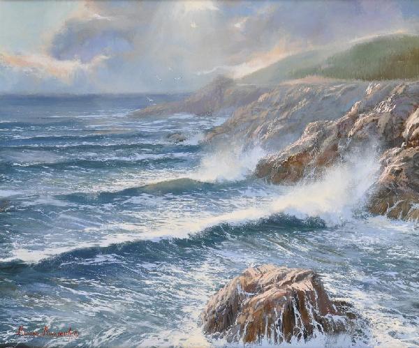 MARINA MIRKOVICH (20th Century) A PAINTING, "Birds: MARINA MIRKOVICH (20th Century) A PAINTING, "Birds of the Storm," oil on canvas, signed L/L. 20" x 24". Framed.