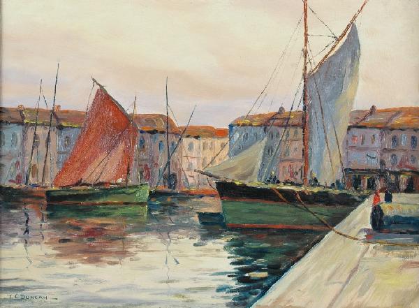 (T.C.) DUNCAN (American) A PAINTING, "European Har: (T.C.) DUNCAN (American) A PAINTING, "European Harbor Scene," oil on board, signed L/L. 12 1/8" x 16 1/8". Framed.