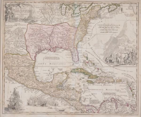 JOHANN BAPTISTE HOMANN HAND COLORED ENGRAVED MAP,: JOHANN BAPTISTE HOMANN HAND COLORED ENGRAVED MAP, "The New World," circa 1725. 20" x 23". Framed.