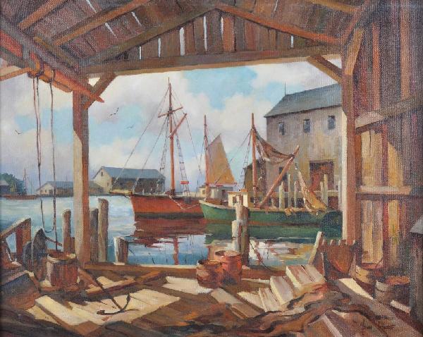 JOHN CUTHBERT HARE (American 1908-1978) A PAINTING: JOHN CUTHBERT HARE (American 1908-1978) A PAINTING, "Repair Shop Interior, Gloucester," oil on canvas, signed L/L. 24" x 30". Framed.