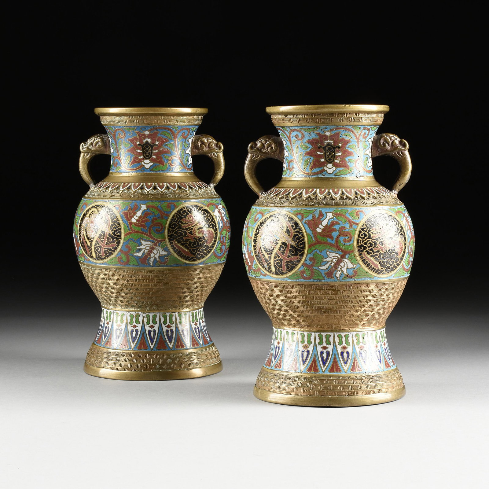 A PAIR OF JAPANESE ARCHAISTIC STYLE POLYCHROME ENAMELED (1 of 11)