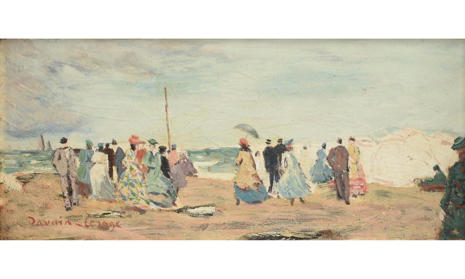 PIERRE DAVAIN LESAGE (French b. 1908) A PAINTING,: PIERRE DAVAIN LESAGE (French b. 1908) A PAINTING, "Beach Scene," CIRCA 1978, oil on wood, signed L/L, "Davain-Lesage," verso a loosely painted sketch is accompanied by an old paper label and a handwri