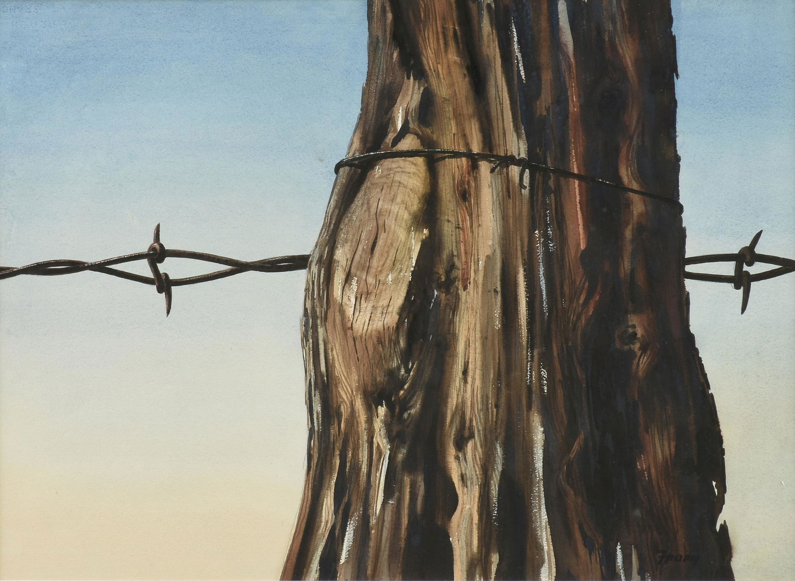 MICHAEL FRARY (American/Texas 1918-2005) A PAINTING,: MICHAEL FRARY (American/Texas 1918-2005) A PAINTING, "The Wire that Tamed the West," watercolor on paper, signed L/R, "Frary," verso in ink titled and signed, 20 3/4" x 28 3/4", framed, 29 1/4" x 37 1