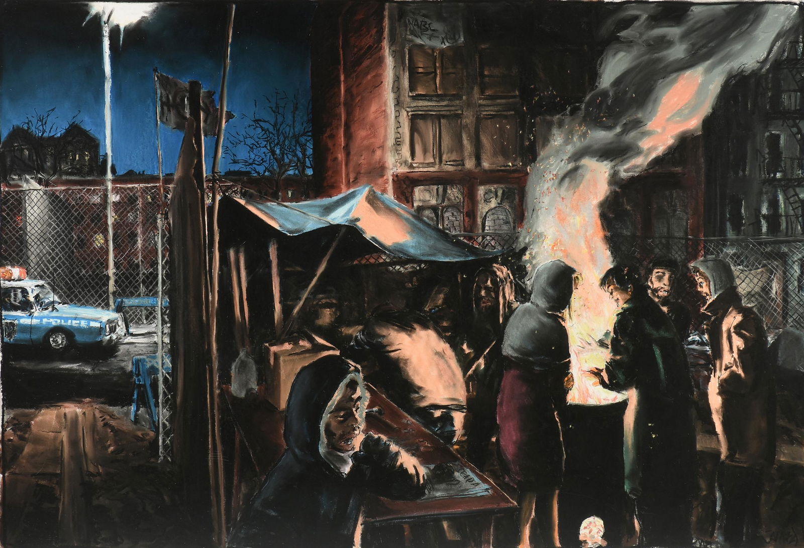 JAMES ROMBERGER (American b. 1958) A DRAWING, "New York: JAMES ROMBERGER (American b. 1958) A DRAWING, "New York Homeless in Winter," pastel on paper, signed L/R, "James," 33" x 47 1/2", framed, 42" x 57".