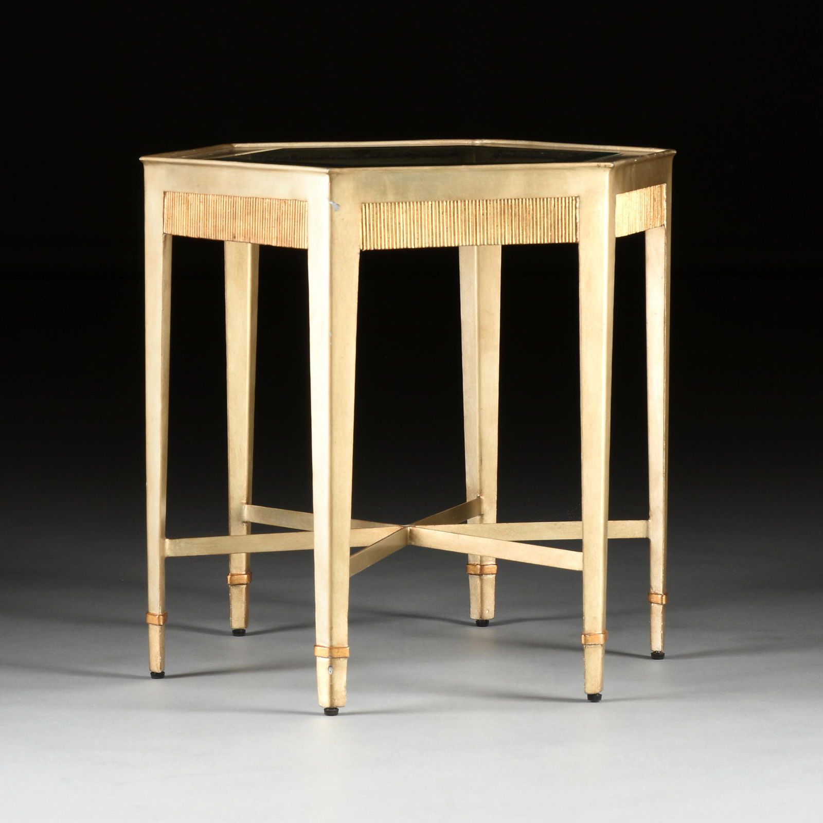 A CONTEMPORARY GLASS TOPPED GILT SILVER PAINTED METAL (1 of 7)