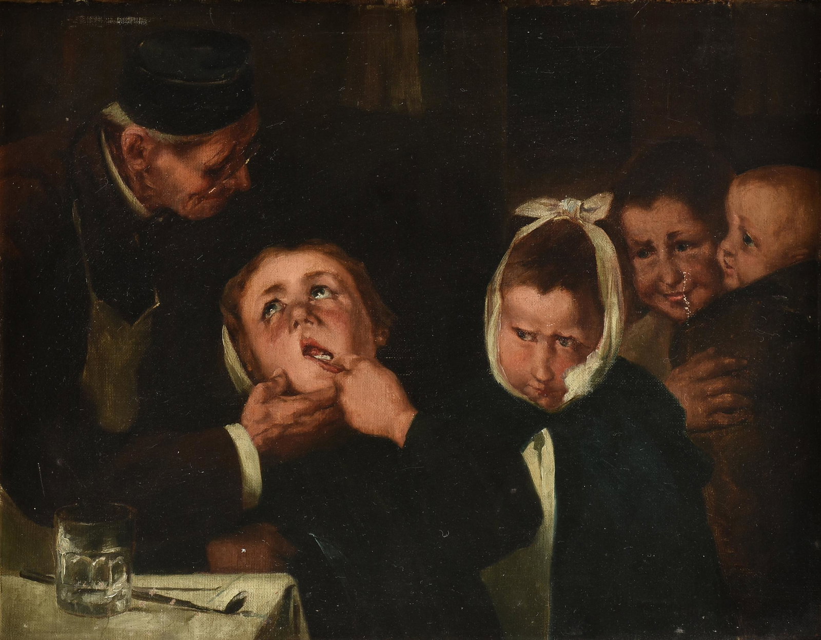 attributed to JOHAN GUDMUNDSEN-HOLMGREEN (Danish: attributed to JOHAN GUDMUNDSEN-HOLMGREEN (Danish 1858-1912) A PAINTING,"Dentist Examining Children with Toothache," oil on canvas, signed indistinctly L/R, 13 1/4" x 17", framed, 18 1/2" x 22 1/4".