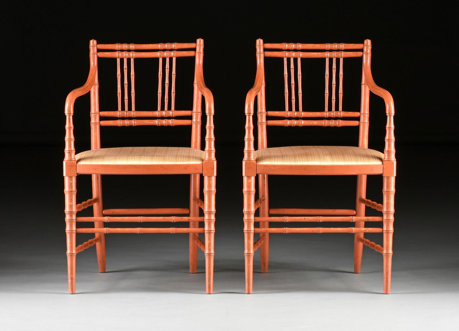 A PAIR OF REGENCY STYLE CORAL PINK PAINTED FAUX BAMBOO (1 of 9)