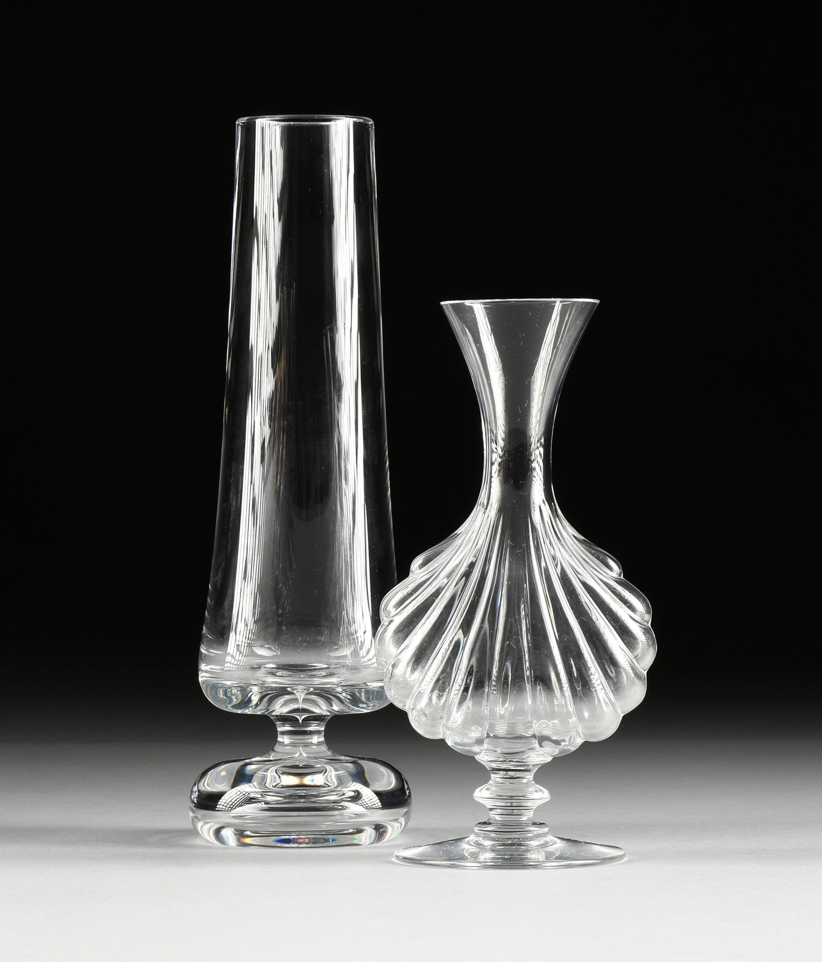 TWO BACCARAT MODERN CRYSTAL FOOTED VASES, SIGNED, 1970s (1 of 8)