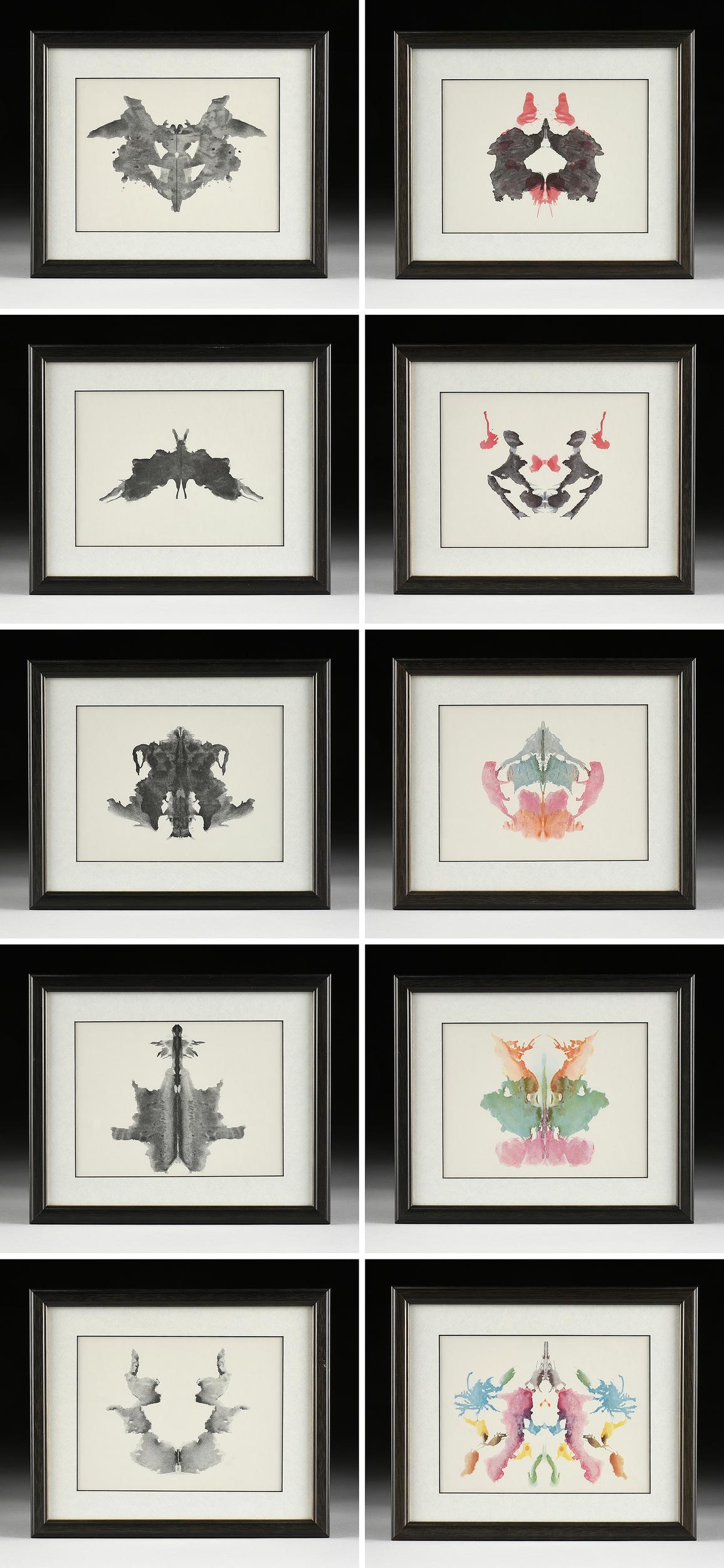 after HERMANN RORSCHACH (Swiss 1884-1922) TEN: after HERMANN RORSCHACH (Swiss 1884-1922) TEN PSYCHOLOGICAL PRINTS, "Rorschach Inkblots," offset color lithographs on paper, from Psychodiagnostik, 6 1/2" x 8 3/4", each framed, 10 1/2" x 12 3/4".