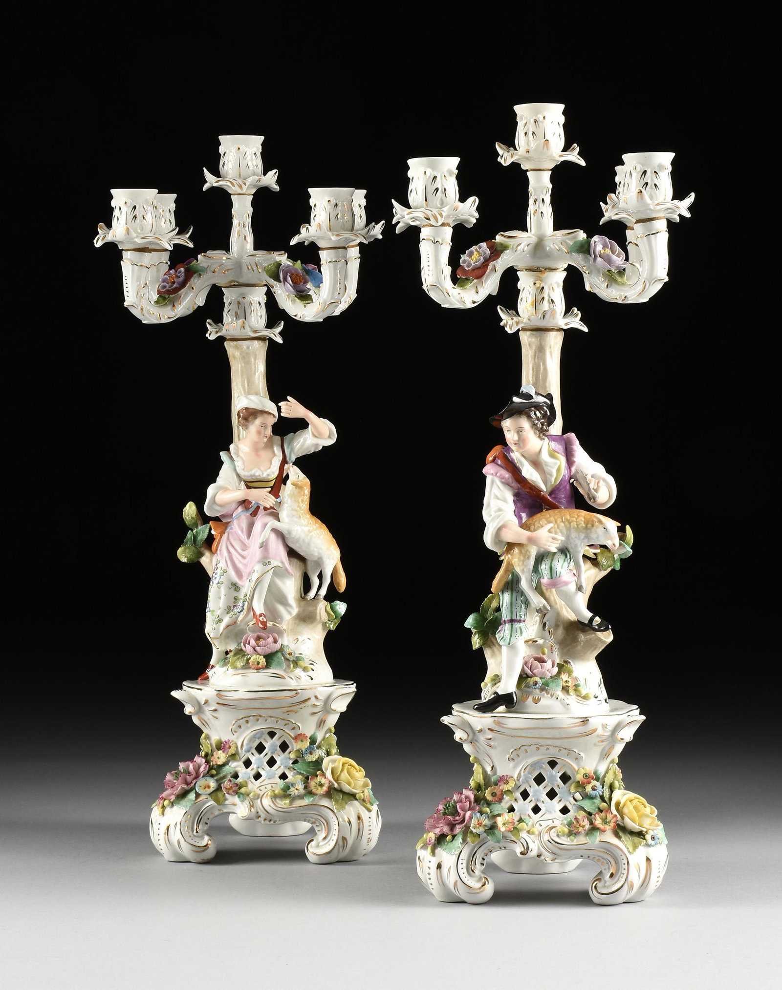 A PAIR OF SITZENDORF "SHEPHERD COUPLE" FIVE LIGHT (1 of 15)